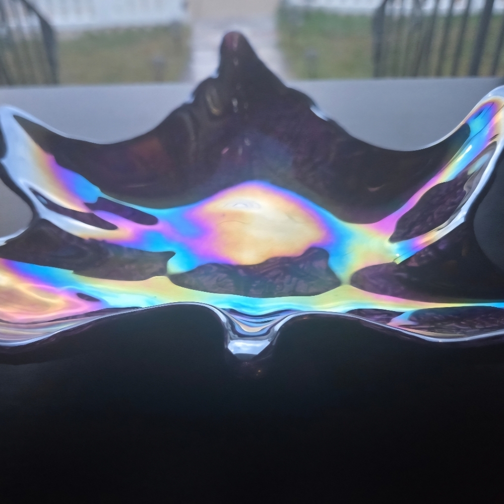 Large 10" AKCAM TURKISH Purple+Carnival/Iridescent Finish Maple Leaf Candy Dish